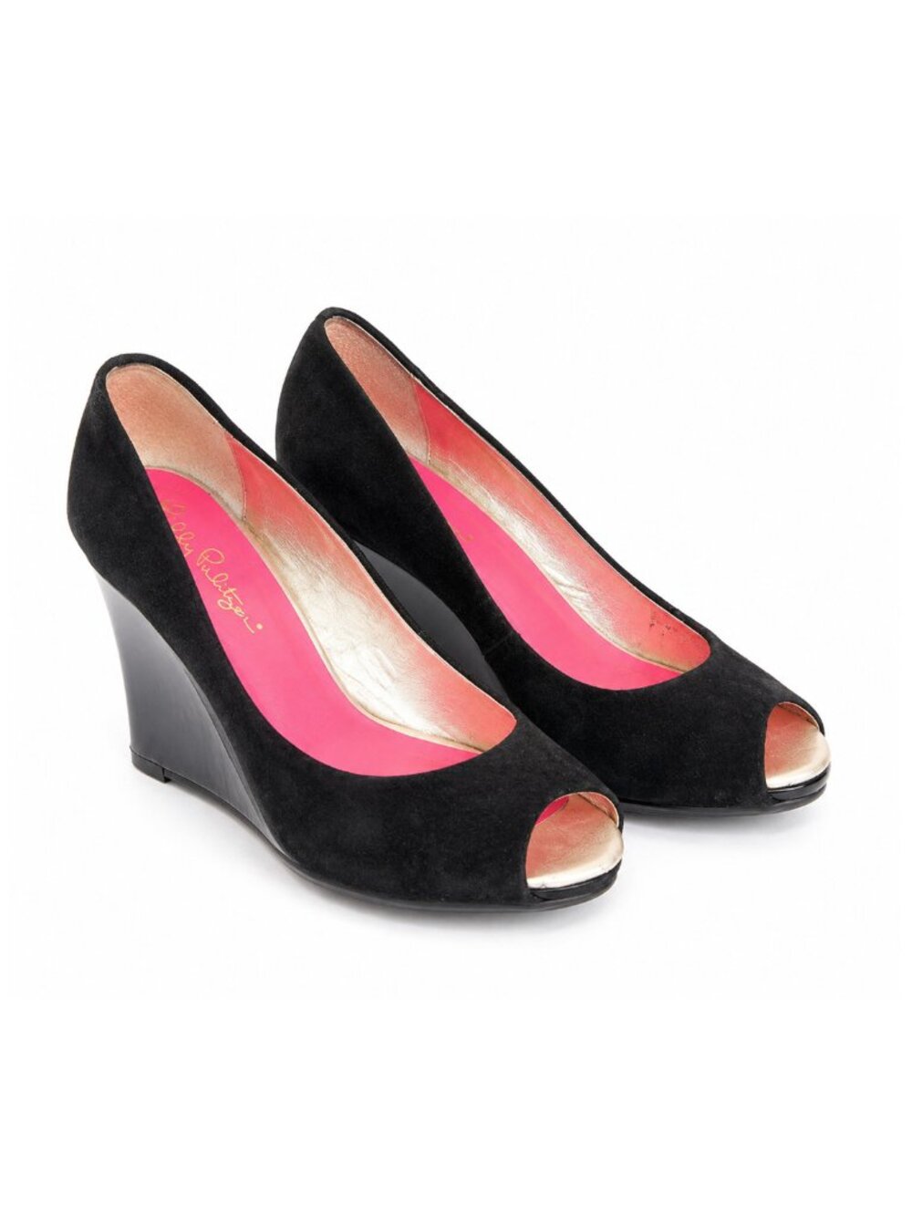Lilly Pulitzer Black Suede Platform Wedges 7.5 Peep Toe Heel Shoes